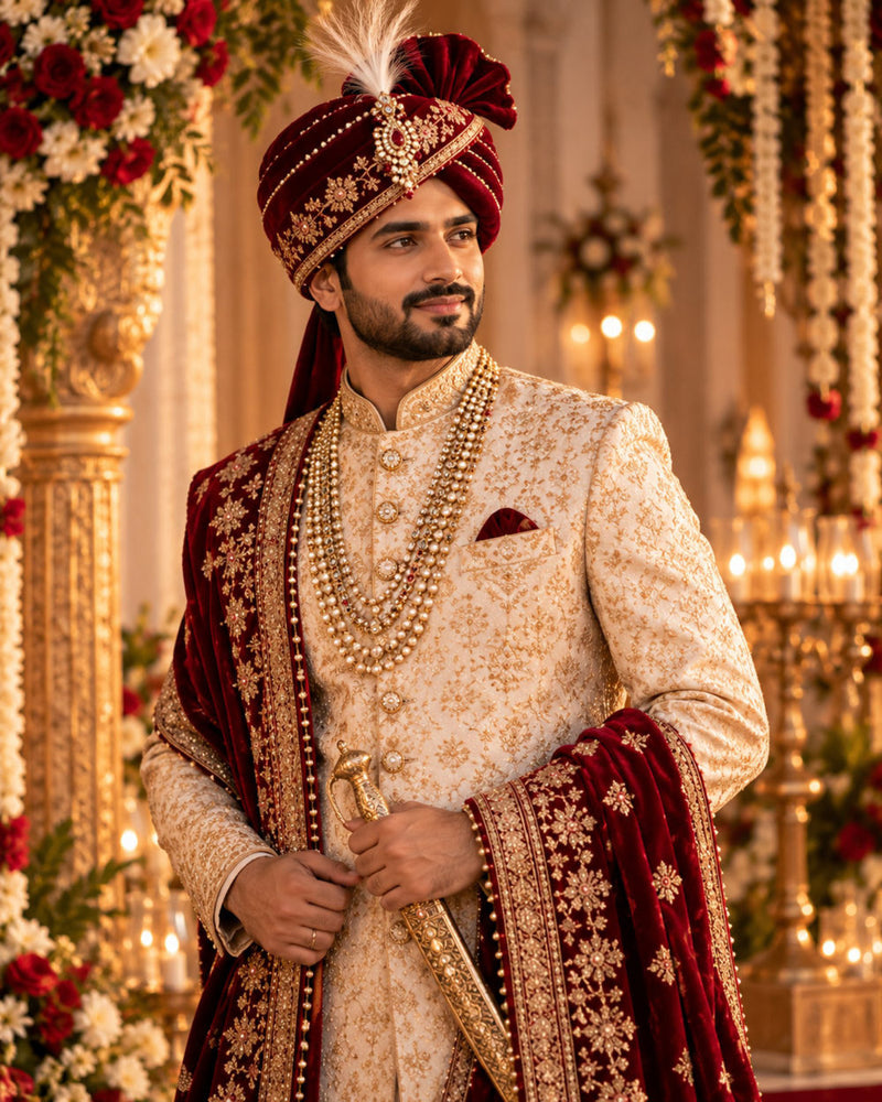 Groom in an ivory sherwani