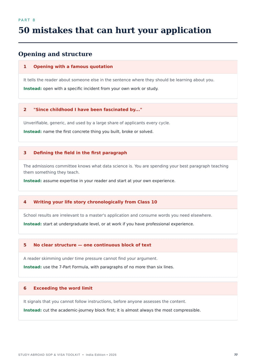 Sample page listing common SOP mistakes, each paired with why it weakens the application and what to write instead