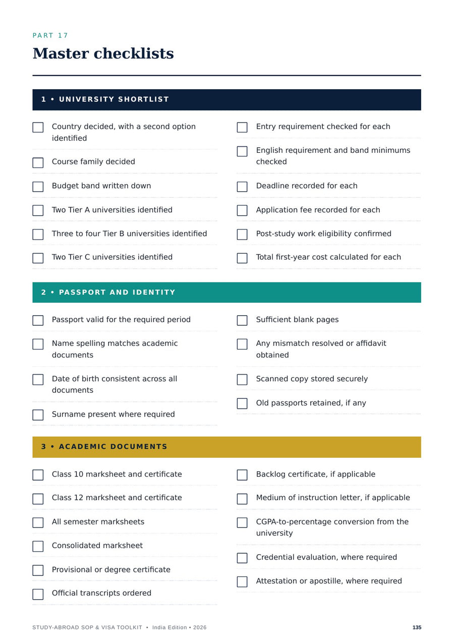 Sample printable master checklist page covering the sequence from application through to arrival
