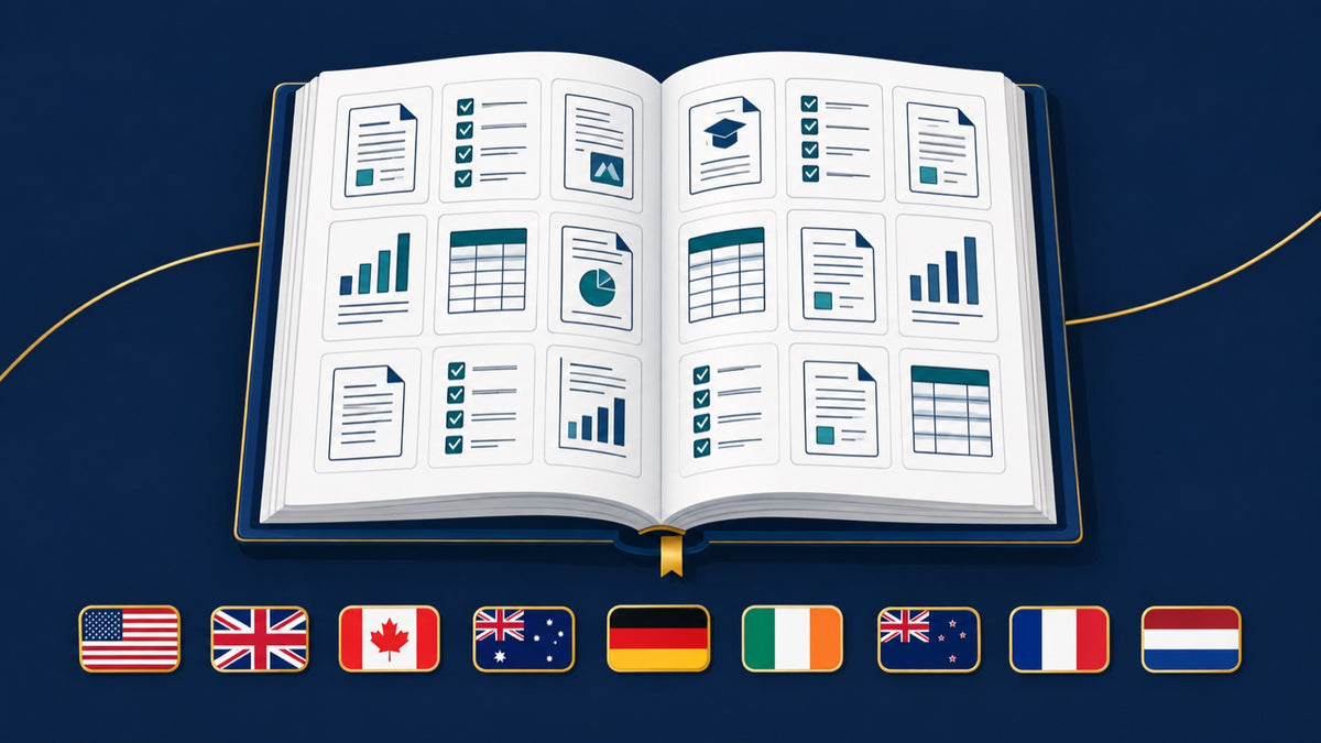 Illustration of the open toolkit showing worksheet, checklist, table and chart pages, with the nine destination country flags below