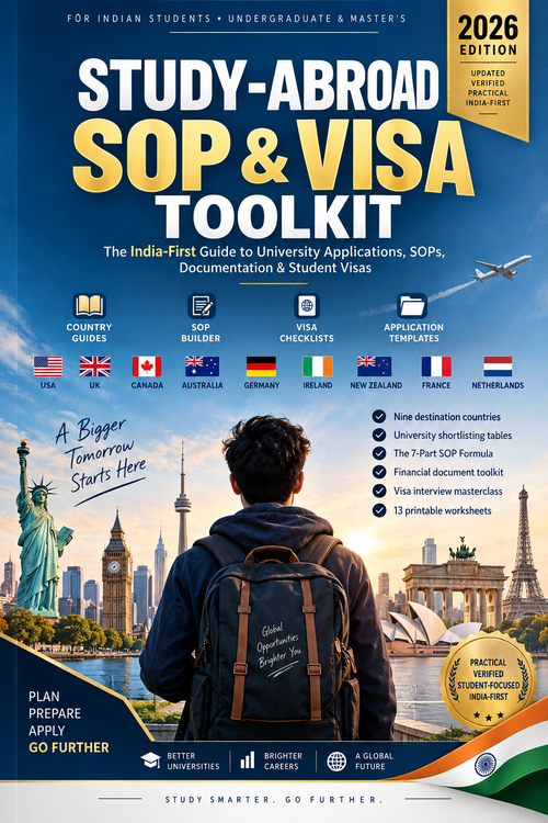 Full front cover: Study-Abroad SOP & Visa Toolkit, India Edition 2026, covering nine destination countries