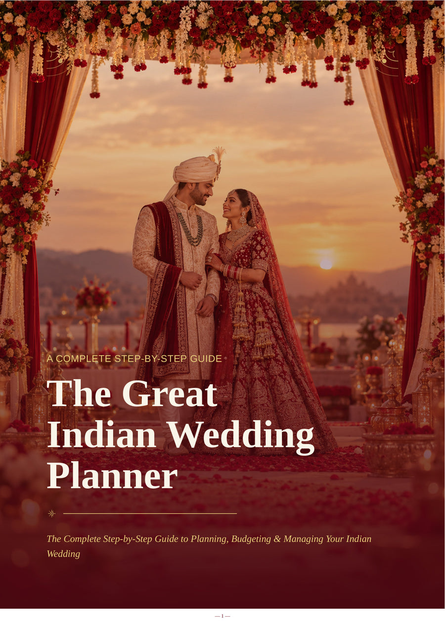 Front cover of The Great Indian Wedding Planner — a bride and groom under a marigold mandap at sunset