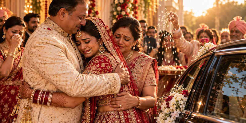 Bride embracing her parents at the vidaai