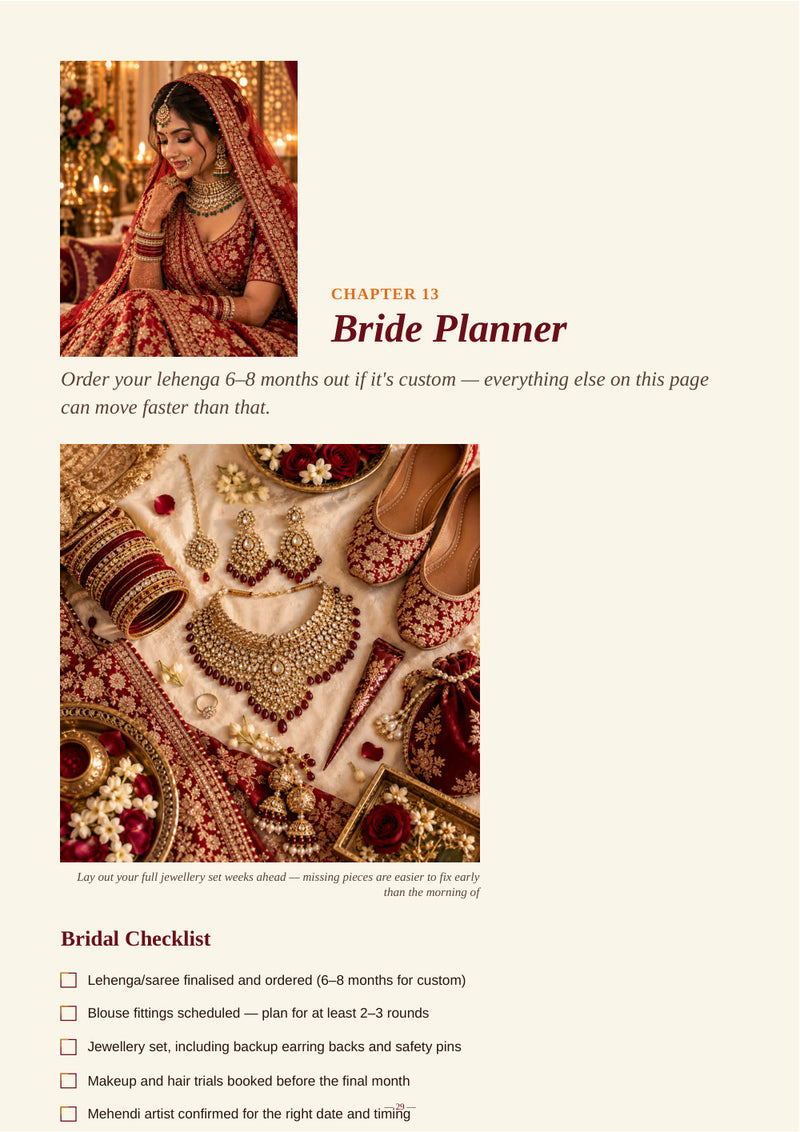 Sample page: Bride Planner chapter with bridal checklist and lehenga photograph